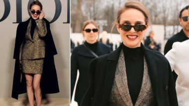 Natalie Portman Arrives in Paris in Style, Wears Shimmery Brown Suit, Skirt, Black Top, and Trench Coat for Maria Grazia Chiuri’s Dior Show (Watch Video)
